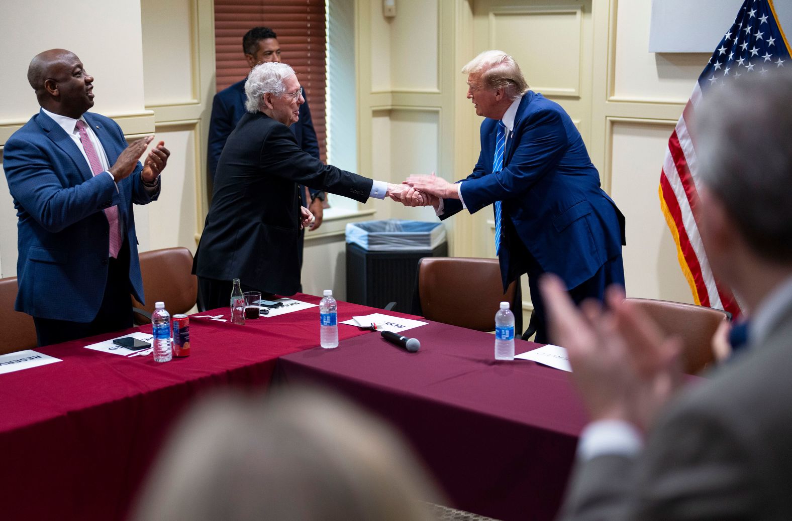 Former US President Donald Trump, right, shakes hands with Senate Majority Leader Mitch McConnell as he meets with GOP lawmakers in Washington, DC, on Thursday, June 13. <a href="https://www.cnn.com/2024/06/13/politics/trump-closed-door-meeting-house-gop/index.html">Trump led House Republicans through a gripe-filled closed-door meeting</a>, airing grievances about his legal and electoral challenges, attacking his critics in the room, and only briefly addressing policy matters like abortion and taxes, according to multiple GOP lawmakers in the room. It was Trump’s first time returning to the Capitol campus area since leaving office after the January 6, 2021, riot.