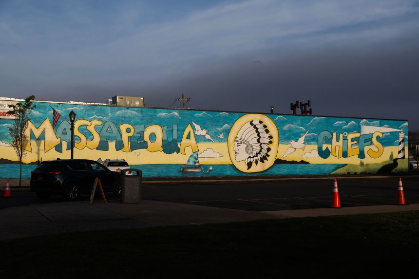 A mural of a chief on the wall of a parking lot next to Massapequa High School on April 22.
