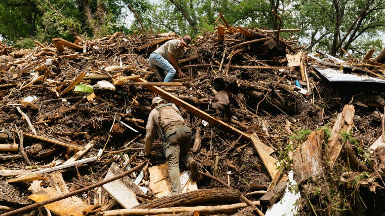 Authorities search for flood victims near the Blue Oak RV park in Kerrville, Texas, on Sunday, July 6.