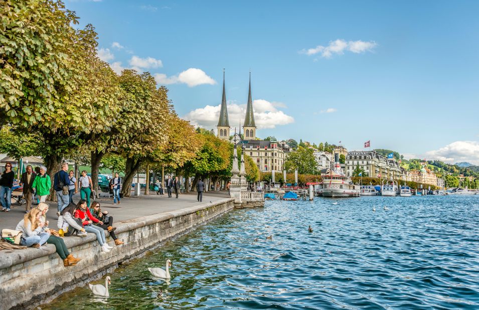 <strong>9. Switzerland:</strong> Switzerland drops one rung from No. 8 last year. Pictured: the Schweizerhofquai lakeshore of Lake Lucerne in Lucerne.