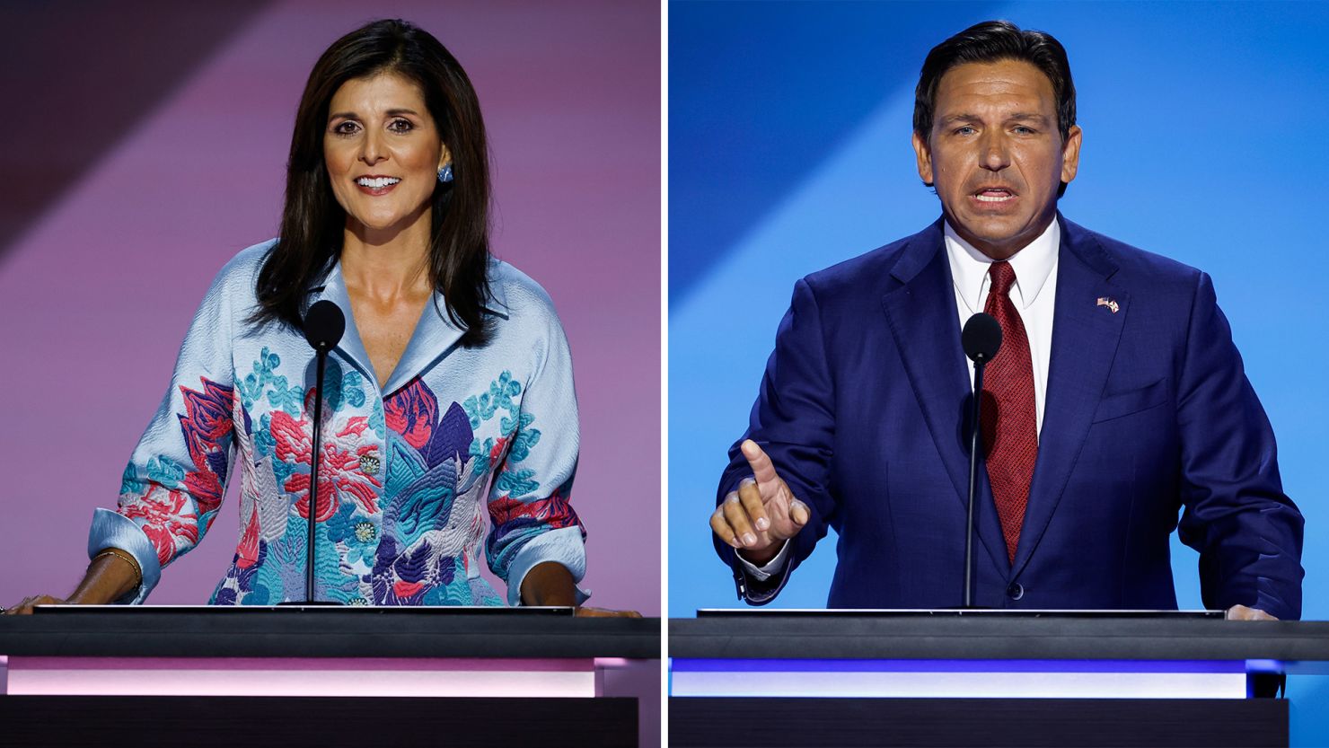 Former South Carolina Gov. Nikki Haley, left, and Florida Gov. Ron DeSantis on the second day of the Republican National Convention at the Fiserv Forum in Milwaukee, Wisconsin, on July 16, 2024.