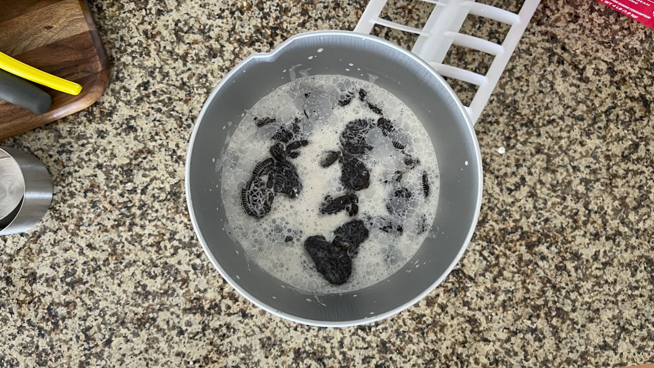 A mixture of ice cream ingredients before being churned.