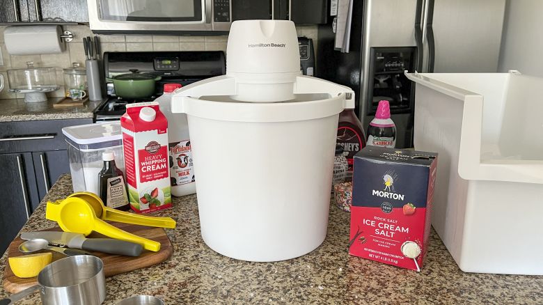 The Hamilton Beach 4-Quart Ice Cream Maker surrounded by ingredients.