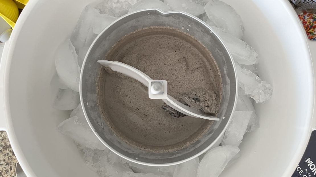 Ice cream in the middle of churned made by the Hamilton Beach ice cream maker.