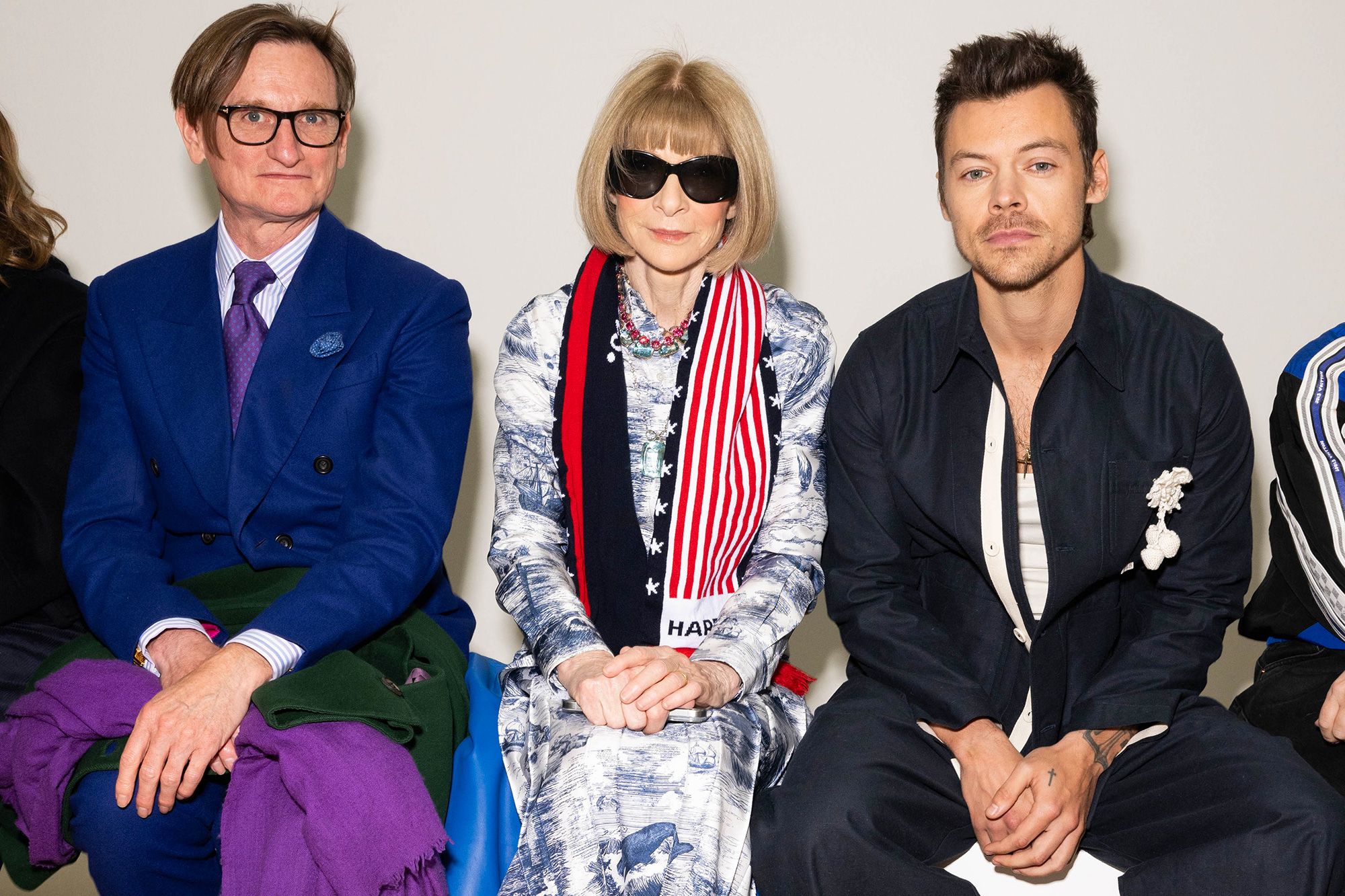 From left to right, Hamish Bowles, Anna Wintour and Harry Styles at the SS Daley show.