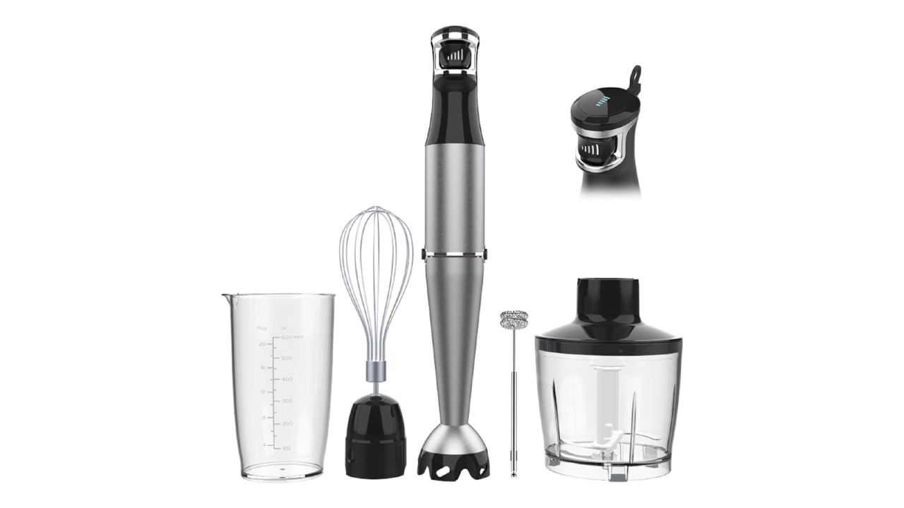 Immersion Blender, chopper, whisk, and frother placed against white background