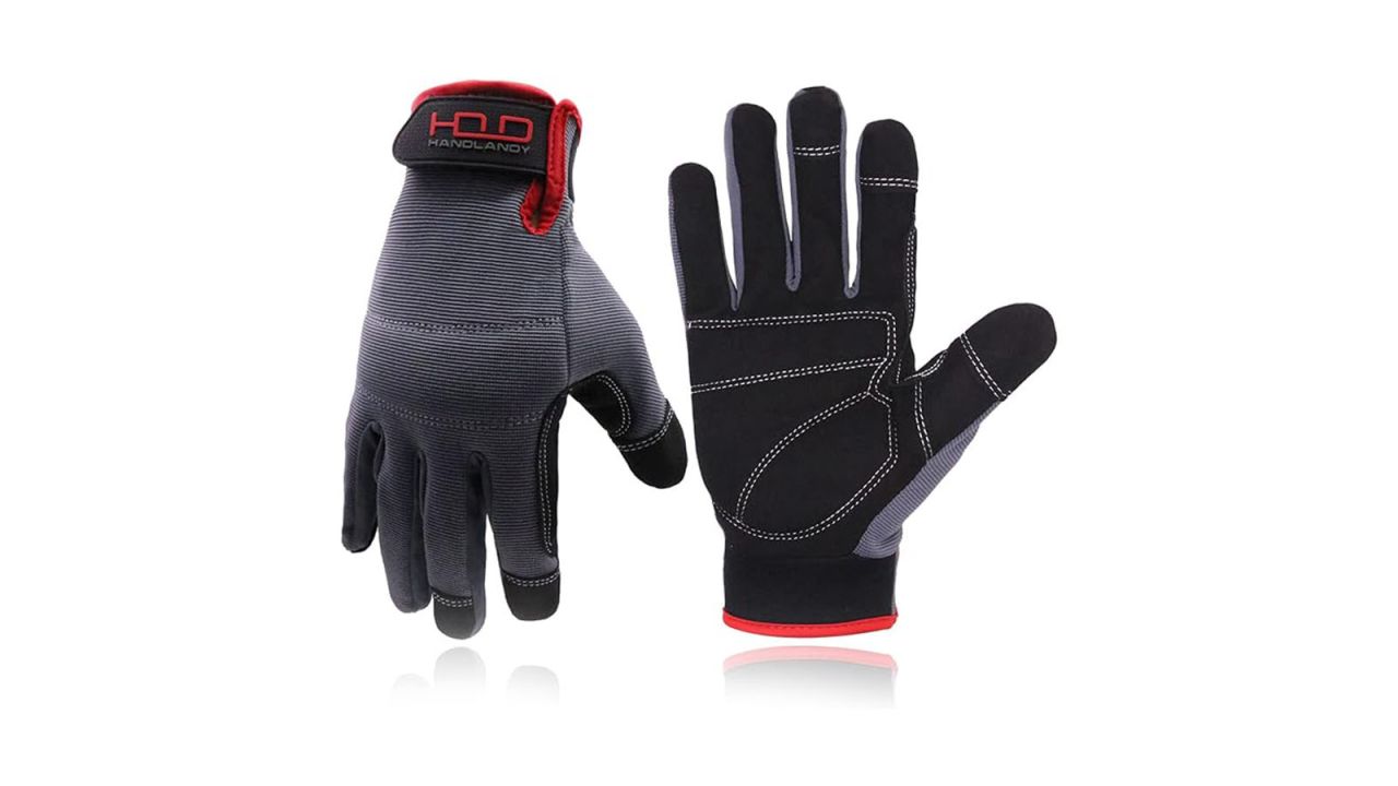 Two work gloves against white background.