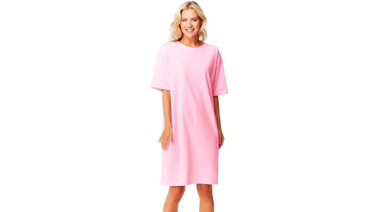 Woman wearing pink Hanes night shirt