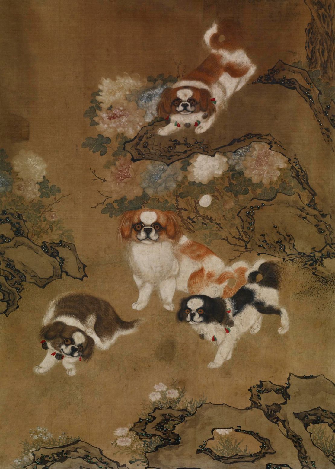 Pekingese dogs depicted in a 19th-century Chinese hanging scroll.