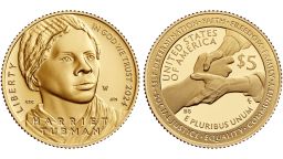 This handout image from the US mint shows a Harriet Tubman $5 Gold Coin. The $5 designs represent her life after the Civil War. She helped care for newly freed enslaved people on her farm in Auburn, New York. She was involved in organizations and gave speeches in support of women’s suffrage and civil rights.