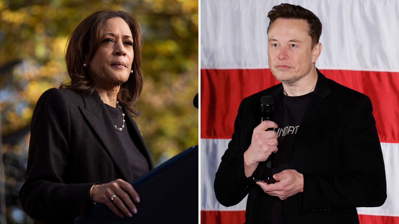 Vice President Kamala Harris, left, and SpaceX and Tesla CEO Elon Musk.