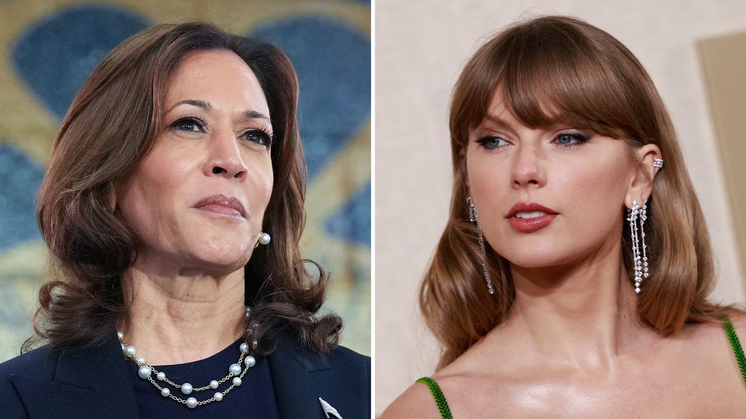 Vice President Kamala Harris, left, and superstar singer Taylor Swift.