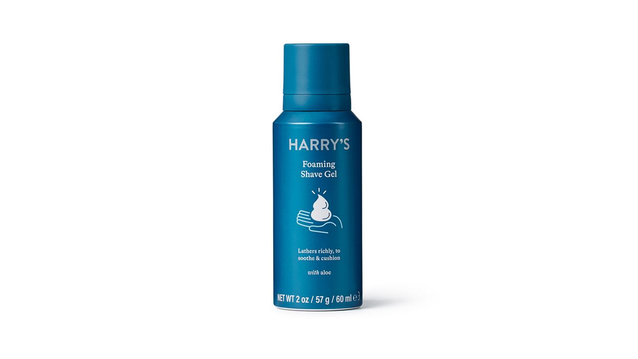 A photo of a can of Harry's Shave Gel in a travel-sized container