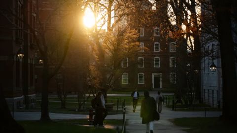 Estudiantes caminan por el campus de la Universidad de Harvard el 17 de abril de 2025 en Cambridge, Massachusetts.