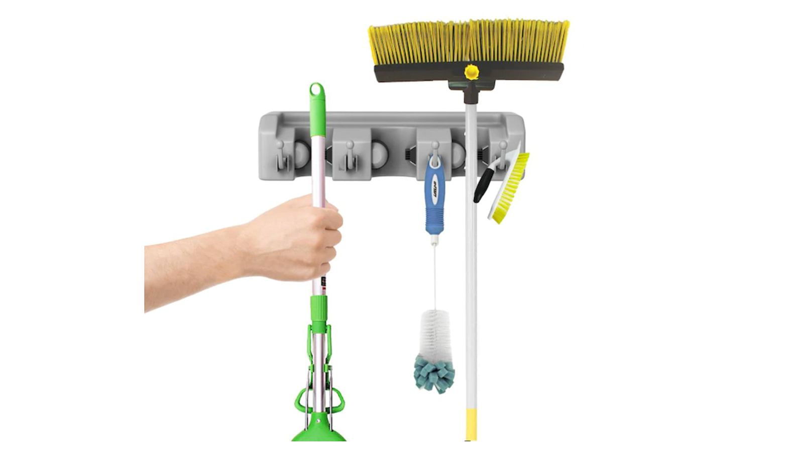 This Mop and Broom Holder Instantly Declutters Your Closet or Garage
