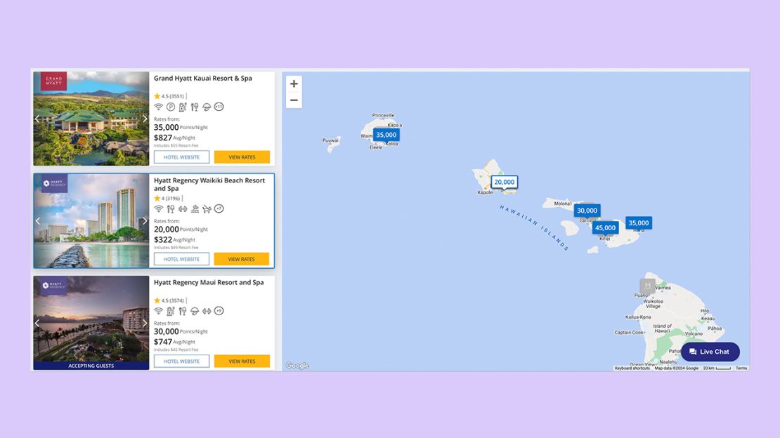 A screenshot showing Hyatt award prices at its Hawaiian hotels on a random date in March 2024