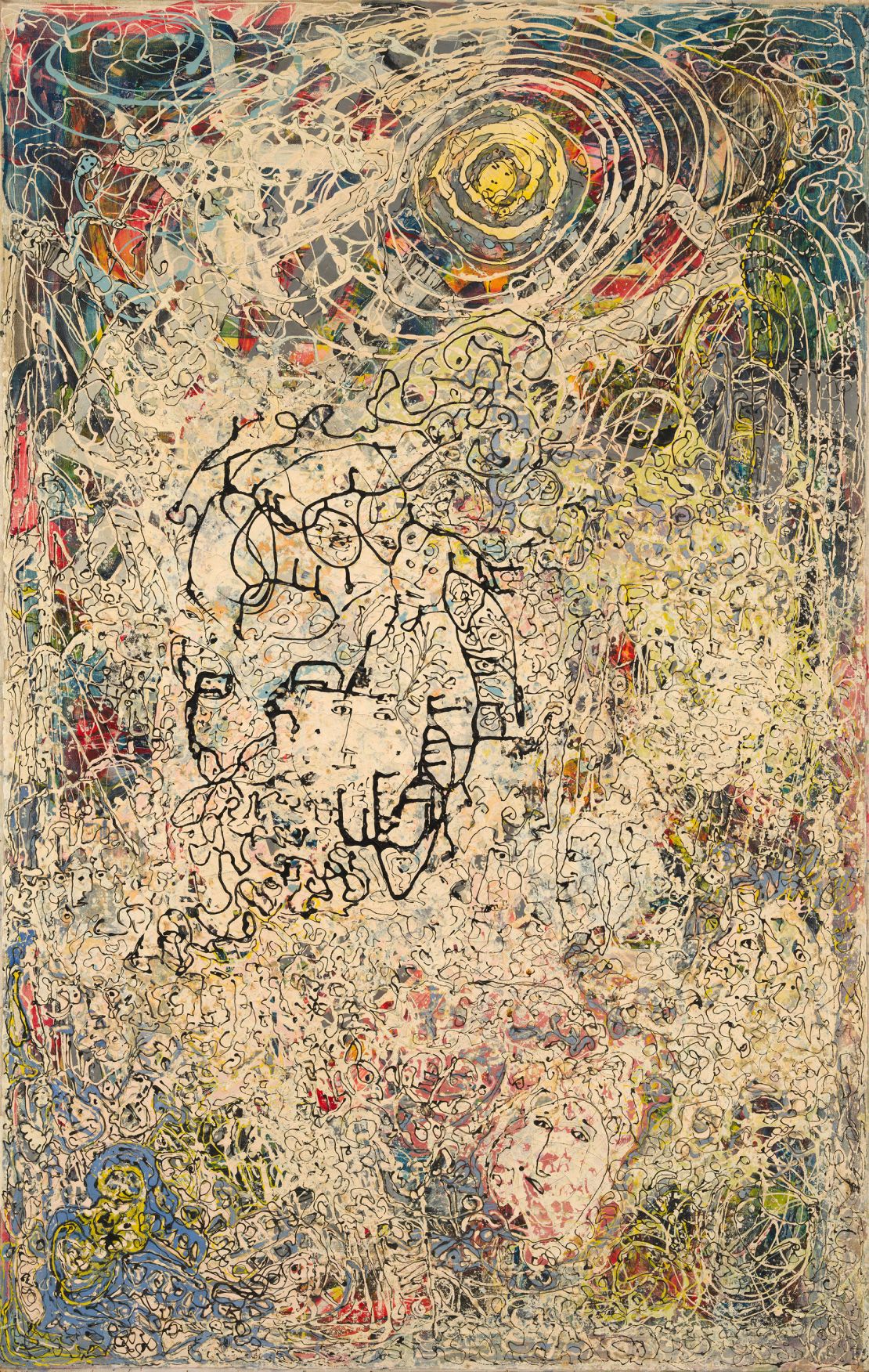 "Heavenly Sympathy," an abstract piece Sobel painted circa 1947, featuring near endless swirls of figures and faces, overlaid one over the other in swarming layers of paint.