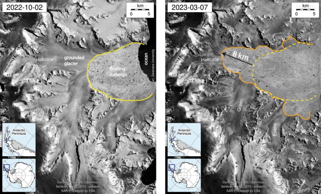 Entre 2022 y 2023, la fragmentación del hielo marino permitió que el agua del océano alcanzara el glaciar Hektoria, reduciéndolo a la mitad.