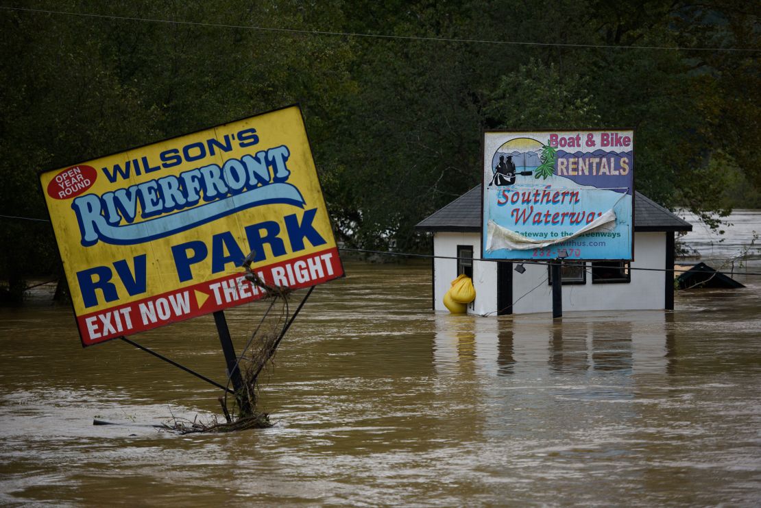 Heavy rains from Hurricane Helene caused record flooding and damage on September 28, 2024, in Asheville, North Carolina.