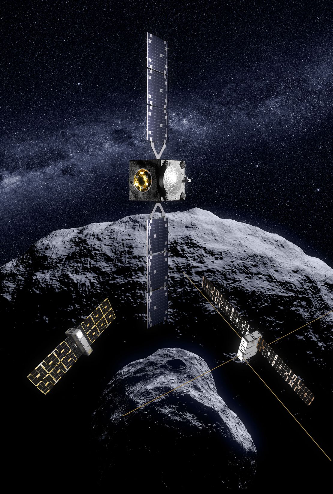 The Hera mission is depicted in orbit around Dimorphos with its shoebox-size CubeSats.