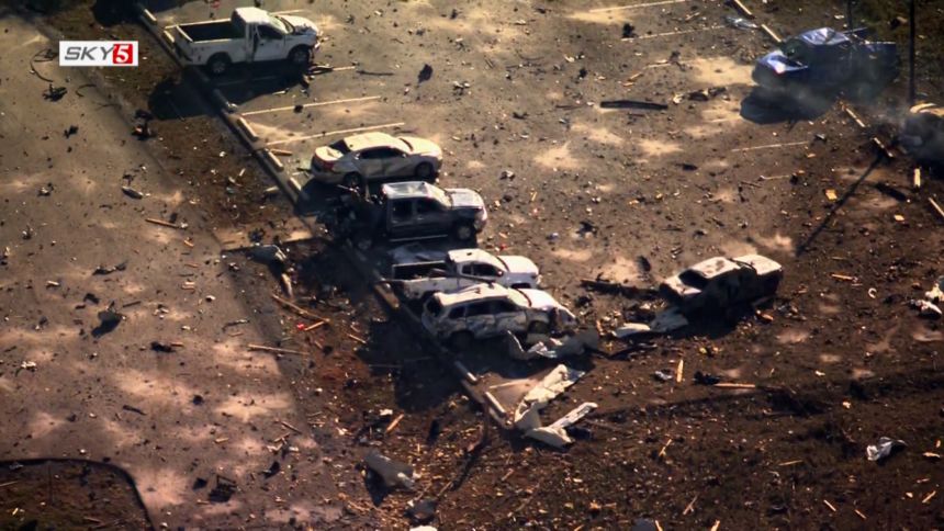 A screengrab from an aerial video showing damage from the explosion at Accurate Energetic Systems, LLC, in Hickman County, Tennessee on Friday, October 10, 2025.