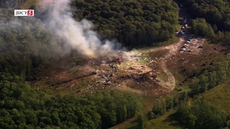 A screengrab from an aerial video showing damage from the explosion at Accurate Energetic Systems, LLC, on the border of Hickman and Humphreys Counties in Tennessee on Friday.