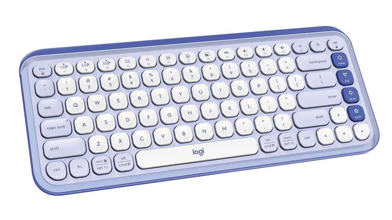 The lilac Logitech Pop Icon Keys keyboard on a white background