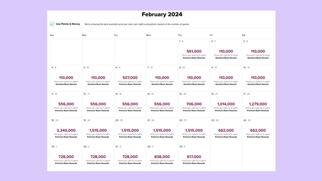 A screenshot of the Hilton award calendar