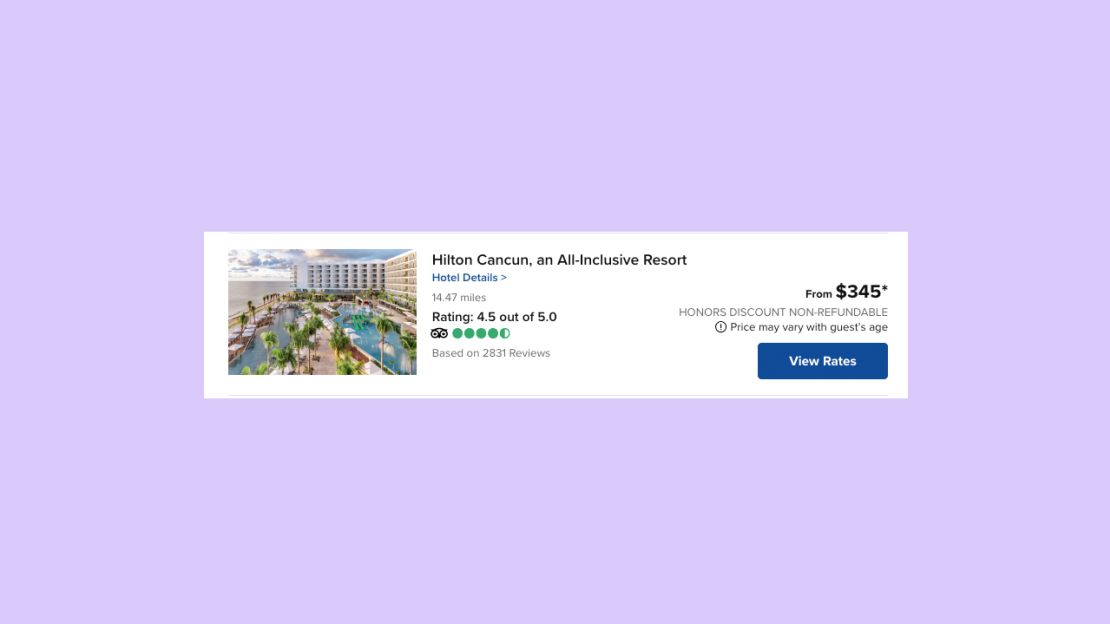 A screenshot of the Hilton Cancun listing on Hilton's website