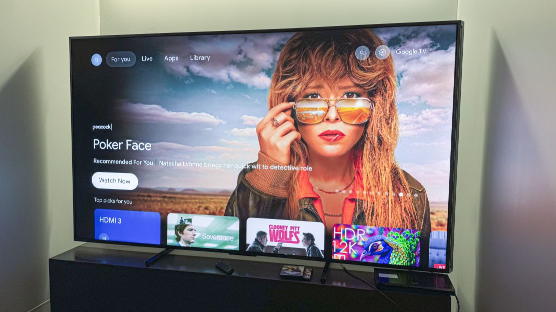 hisense 110ux championship edition TV with Google TV home screen showing Natasha Lyonne in Poker Face