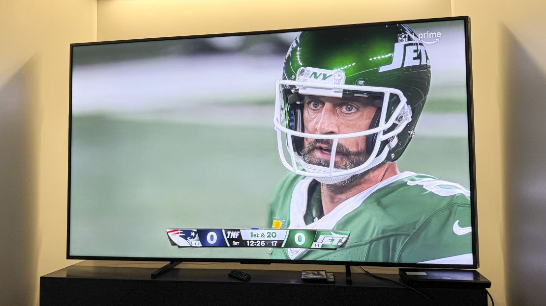 a closeup of Jets quarterback aaron rodgers on the hisense 110ux championship edition TV 