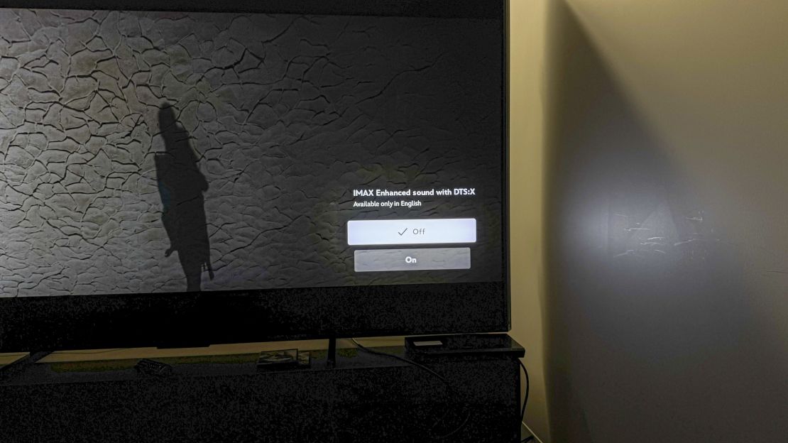 Menu on a TV reads "IMAX Enhanced sound with DTS:X
Available only in English Off/On"