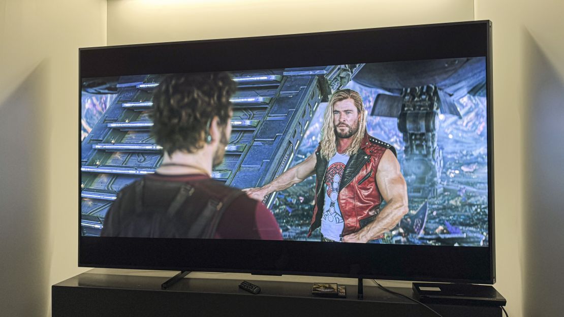 (L, R) Chris Pratt and Chris Hemsworth in "Thor: Love and Thunder" on the hisense 110ux championship edition TV 