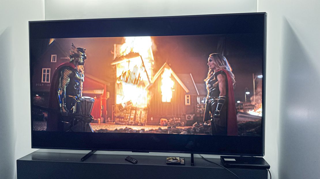 (L, R) Chris Hemsworth and Natalie Portman in "Thor: Love and Thunder" on the hisense 110ux championship edition TV 