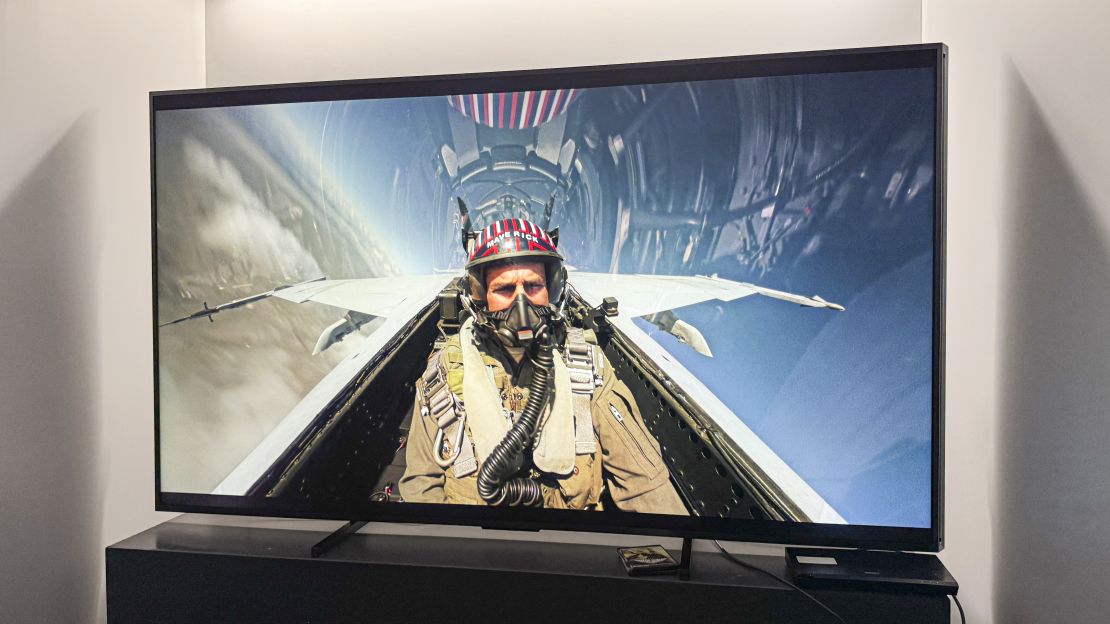 Tom Cruise is flying a fighter jet in Top Gun Maverick, as seen on the Hisense 110UX Championship Edition TV