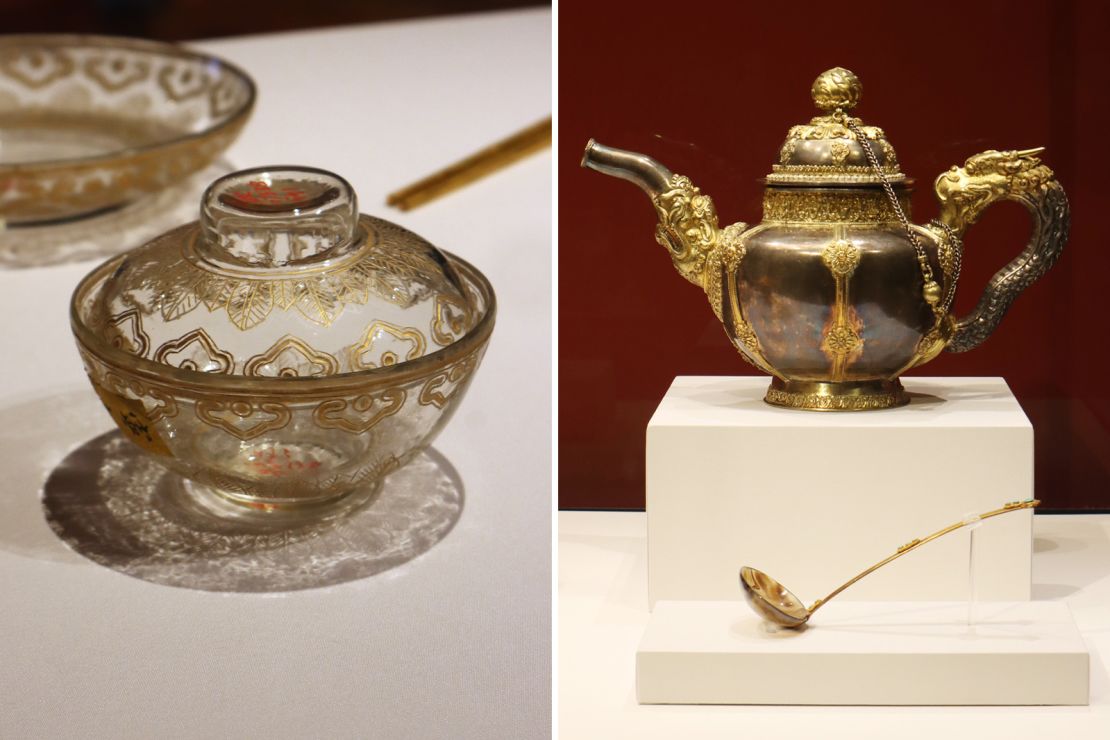 Ancient tableware from the Forbidden City is on display at the Hong Kong Palace Museum. The teapot (on the right) was an essential part of imperial family meals.