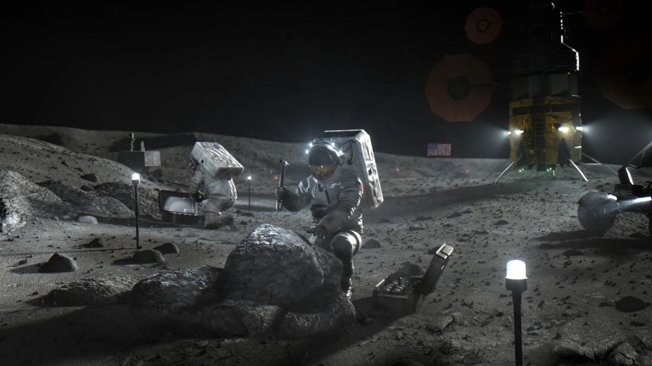 A NASA artist’s illustration of Artemis astronauts working on the Moon. 