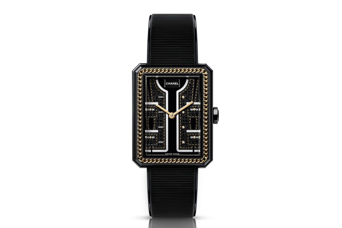 Chanel Boyfriend Couture in steel, 18K yellow gold, black lacquer, black spinel and diamonds on a leather strap, $10,300 chanel.com. Available from June