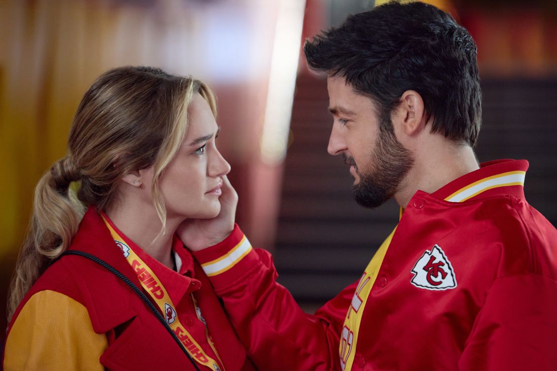 Hunter King, left, and Tyler Hynes in “Holiday Touchdown: A Chiefs Love Story.”