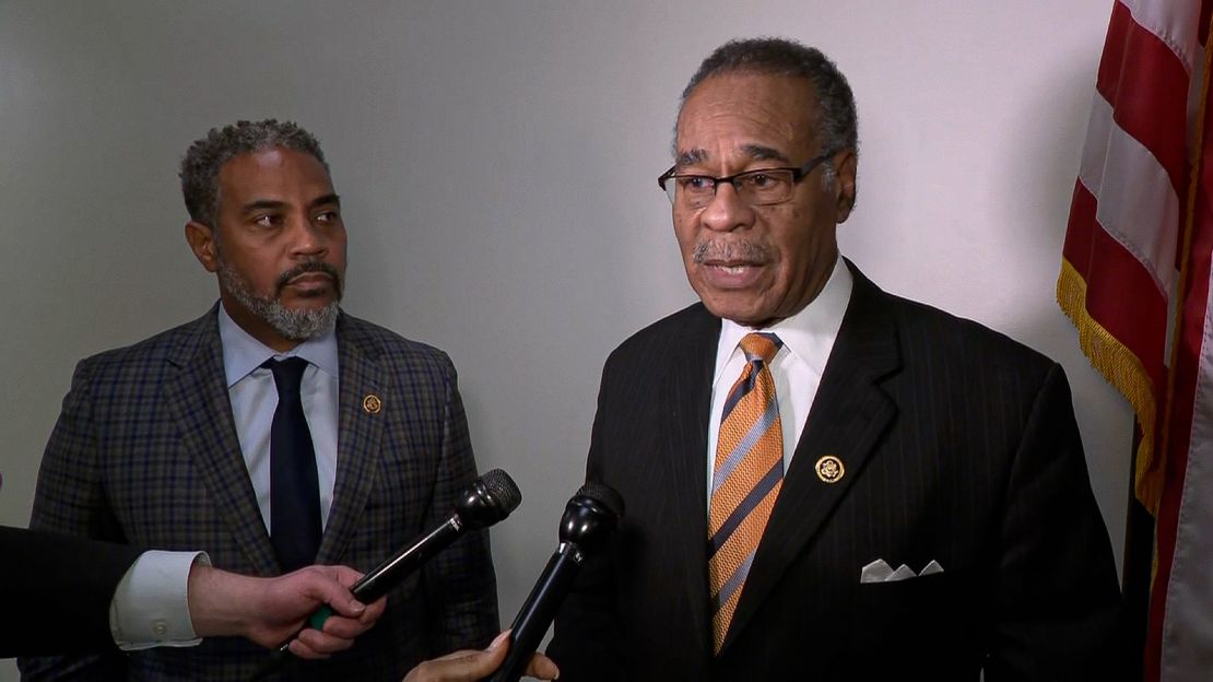 Reps. Steven Horsford and Emanuel Cleaver speak to reporters after meeting with Navy Federal Credit Union CEO Mary McDuffie on Capitol Hill.