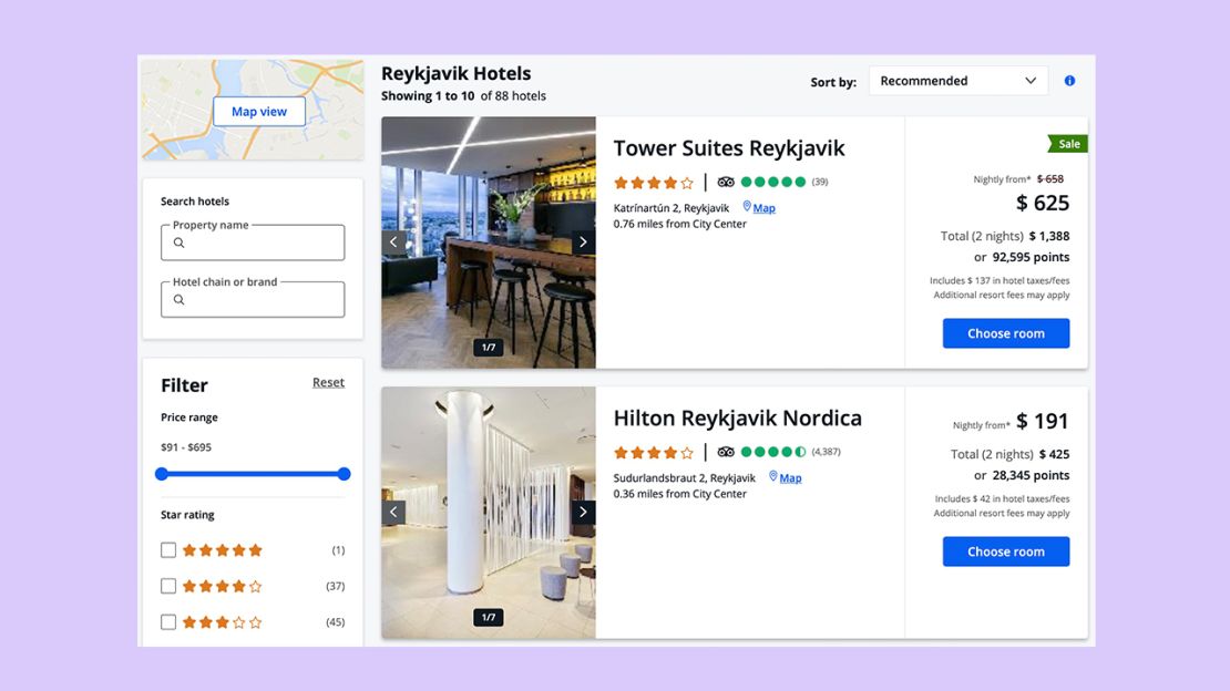A screenshot showing hotel search results on the Chase travel portal