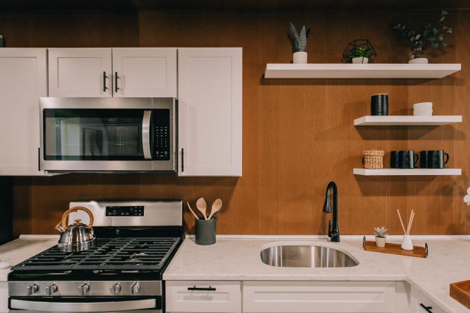 The kitchen in the BioHome3D. Researchers are working on incorporating insulation and conduits for things like electric wires and plumbing into the printing process.