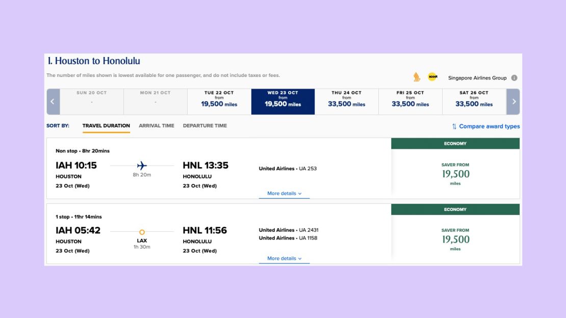 A screenshot of two United award flights from Houston to Honolulu on the Singapore Airlines website