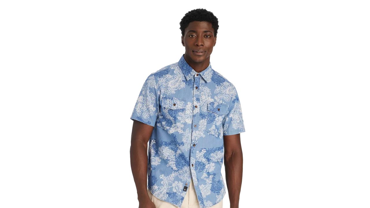 Houston White Adult Short Sleeve Floral Button-Down Shirt in blue