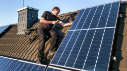 A man sits on a house's roof using a multimeter to check the photovoltaic system.