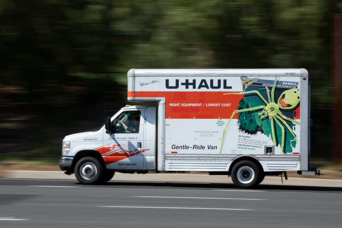 U-Haul moving truck on the road in Fullerton, California