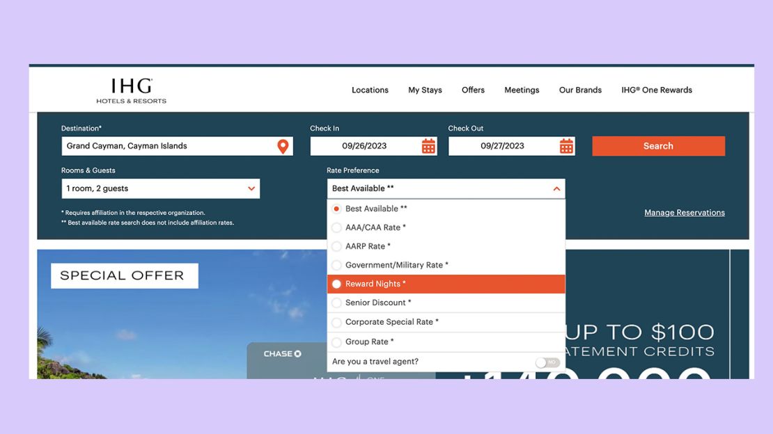 A screenshot showing how to book hotel nights with points on IHG's website
