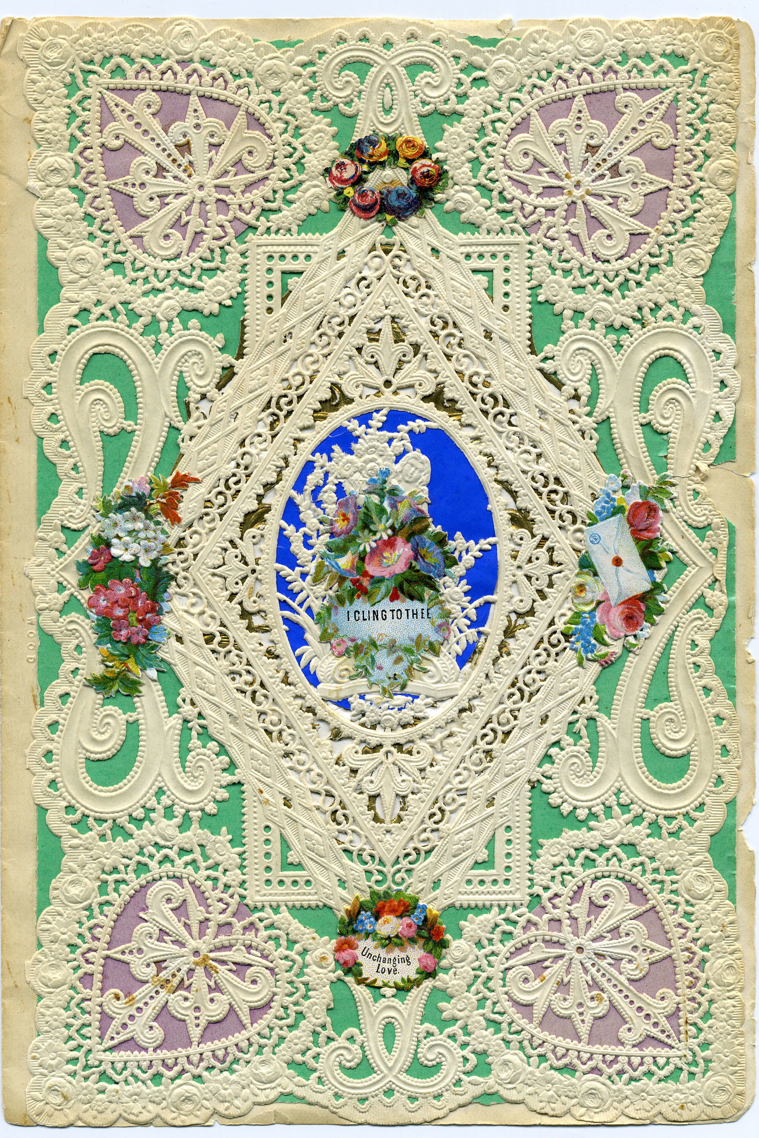 Brightly colored paper placed beneath the lace accentuates the design.