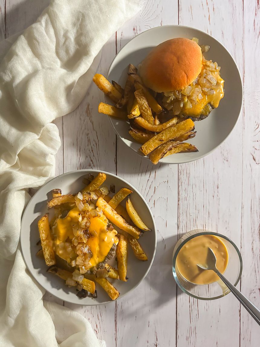 Pictured is Lisa Lillien's take on In-N-Out's Animal-Style Burger Patties, with turnip fries.