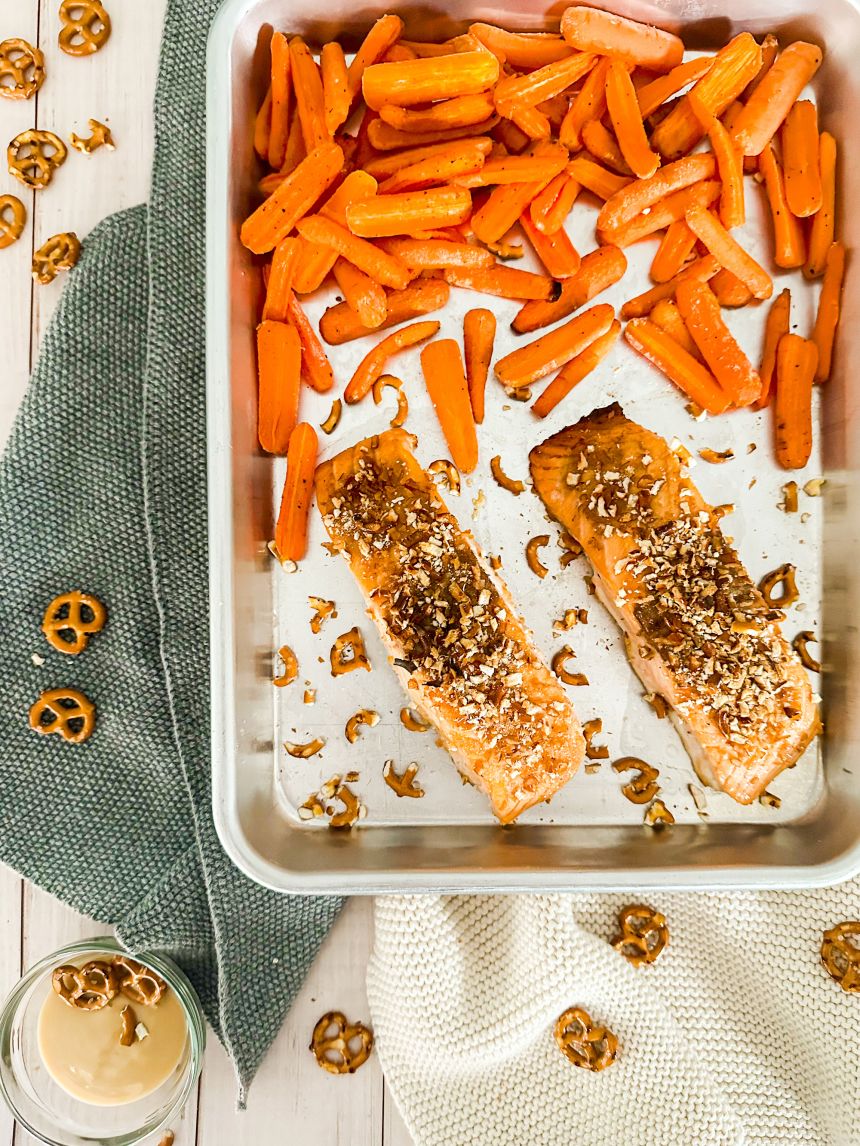 Lisa Lillien's salmon recipe with honey mustard, pretzels and roasted carrots should take just a few minutes to prep, no special ingredients needed.